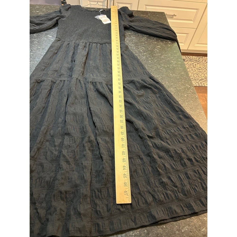Fashion Womens Black Smocked Tiered Midi Dress Long Sleeve Textured Large NEW - Picture 11 of 15